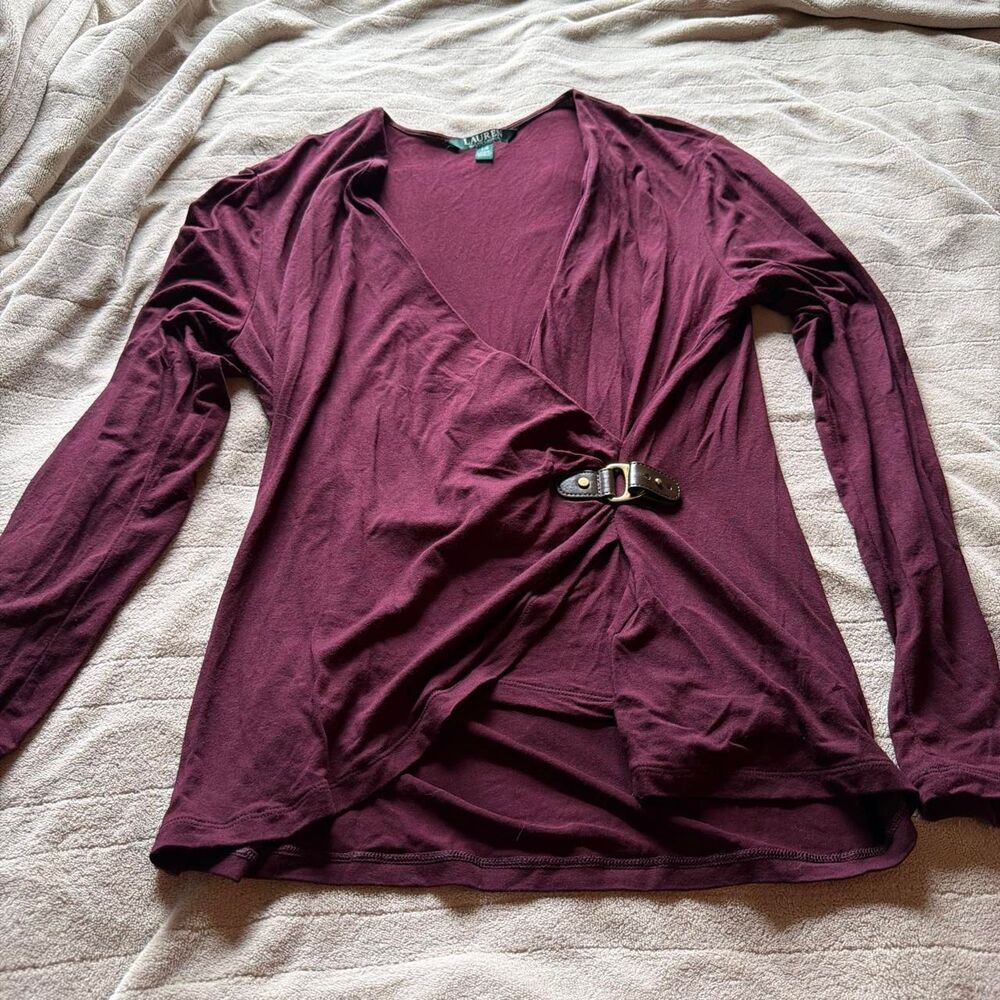 Lauren Ralph Lauren Buckle Trim Long Sleeve Top Maroon Size Large